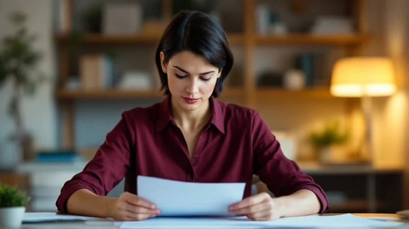 Frau liest Foerderunterlagen am Schreibtisch in einer hellen Wohnung in Darmstadt