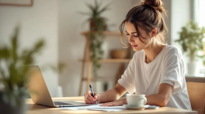Frau fuellt Formulare an einem Schreibtisch in Darmstadt aus
