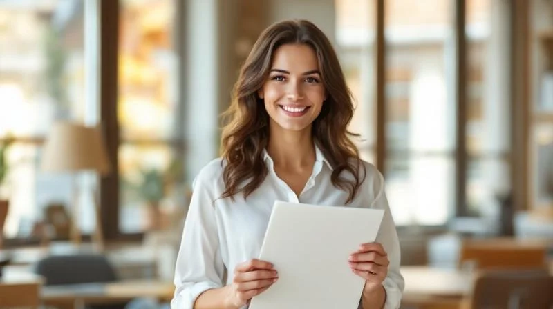Frau haelt stolz ein Zertifikat in einem hellen Buero in Darmstadt