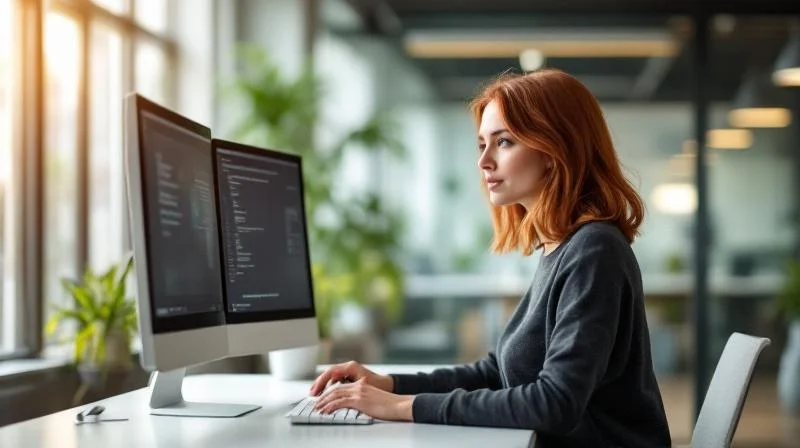 Frau arbeitet an einem Laptop in einem modernen Buero in Darmstadt