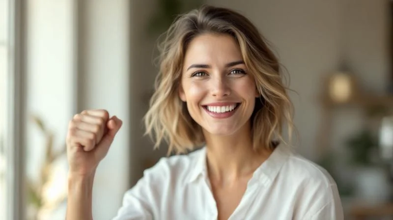 Frau haelt stolz ein IHK-Zeugnis in der Hand in einem hellen Buero