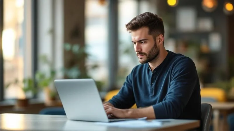 Mann am Laptop in einem hellen Buero in Darmstadt bereitet sich auf Umschulung vor
