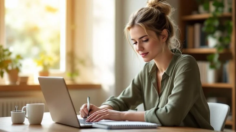 Frau lernt am Laptop in einem hellen Raum mit Blick auf Darmstadts Innenstadt